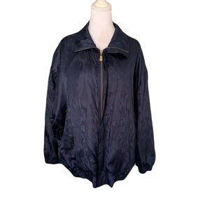 Vintage FUDA International Womens Navy Blue Floral Pattern 100% Silk Zip Jacket